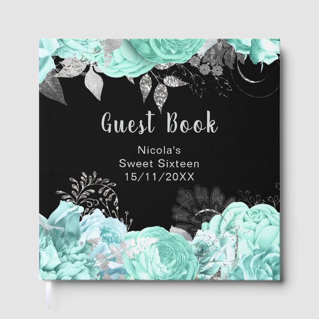 Livre D'or Elegant Green and Silver Flowers Sweet Sixteen (Recto)