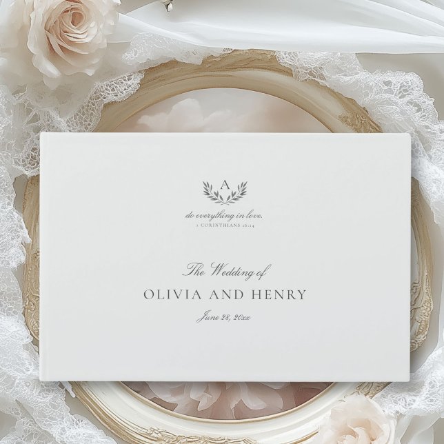 Livre D'or Élégant Gris Calligraphie Script & Mariage Monogra (Elegant, simple wedding guest book with mongram, laurel leaves and calligraphy)