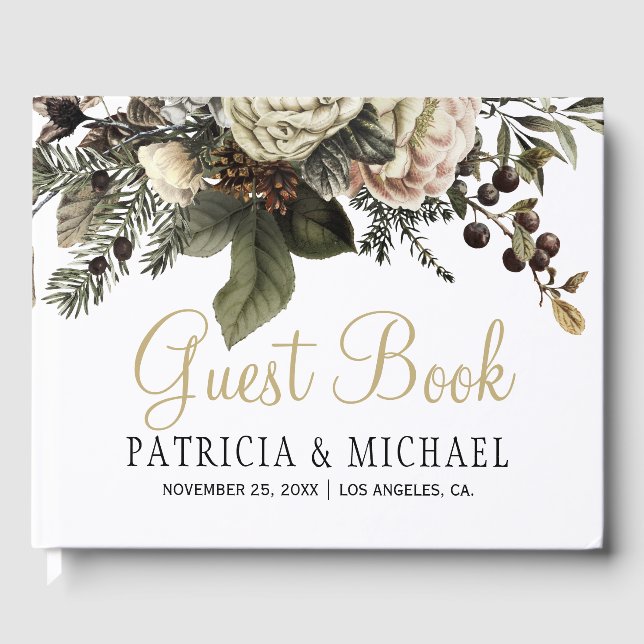 Livre D'or Élégant hiver fleuri typographie or mariage (Recto)