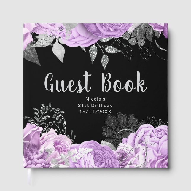 Livre D'or Elegant Lilac and Silver Flowers Birthday Party (Recto)