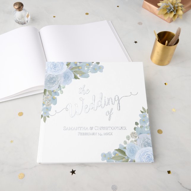 Livre D'or Elégant Mariage à huile florale de Boho bleu Dusty (Recto ouvert)