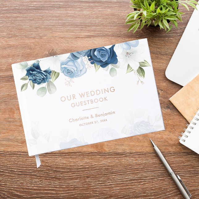 Livre D'or Elégant Mariage bleu bleu bleu bleu floral (Dusty Blue Floral Wedding Rose Gold Foil Guest Book)