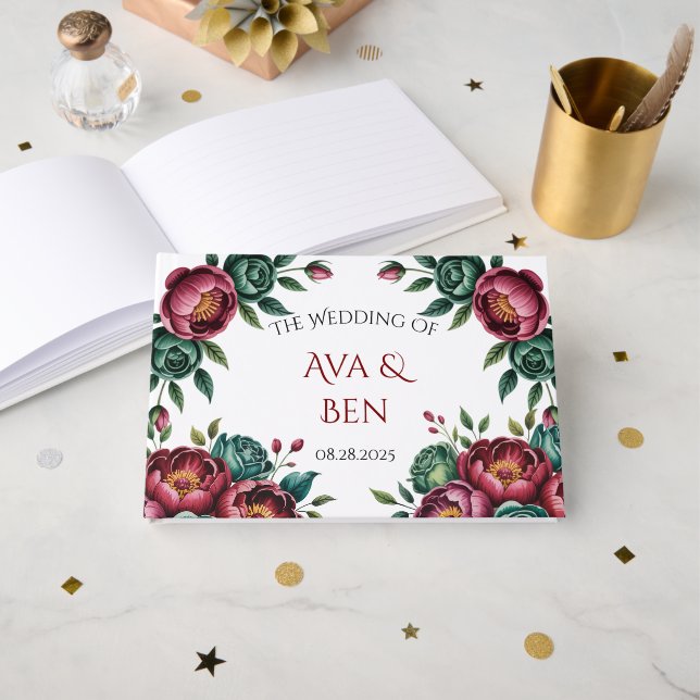 Livre D'or Élégant Mariage de Bourgogne et d'Emerald Peony (Recto ouvert)