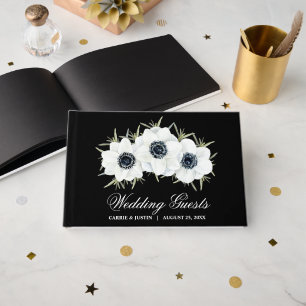 Livre D'or Élégant Mariage de Fleurs Noires et Blanches