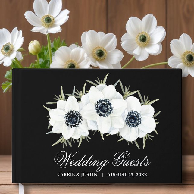 Livre D'or Élégant Mariage de Fleurs Noires et Blanches (Black and white flowers wedding guest book, your details in silver, gold or rose gold real foil)