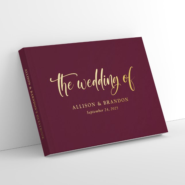 Livre D'or Élégant Mariage de la calligraphie de Bourgogne (Personalized Elegant Burgundy Calligraphy Foil Wedding Guest Book)