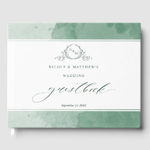 Livre D'or Élégant Mariage de monogramme vert d'aquarelle