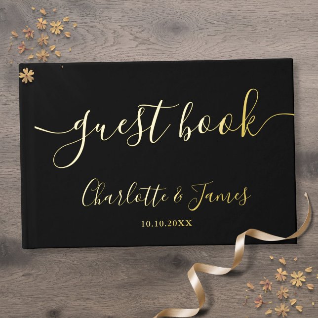 Livre D'or Élégant Mariage de script de signature noir et or (Elegant Black And Gold Signature Script Wedding Foil Guest Book)