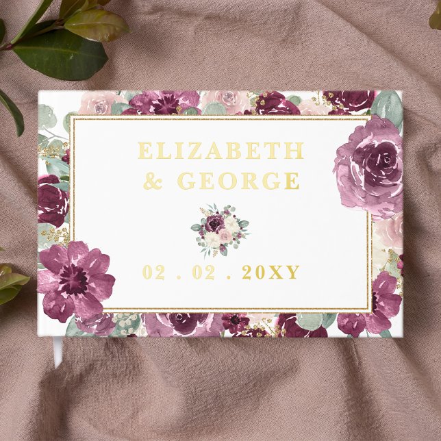 Livre D'or Élégant Mariage Floral Plum Gold moderne (Elegant Modern Plum Gold Floral Wedding Guest Book)