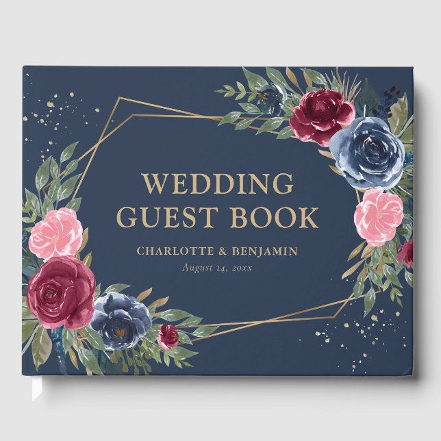 Livre D'or Elégant Mariage géométrique bleu Bourgogne or Mari (Recto)