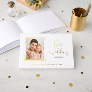 Livre D'or Élégant Mariage Moderne Photo Écriture Or Feuille