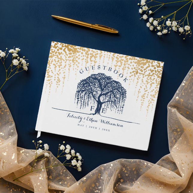 Livre D'or Élégant Mariage moderne Willow Tree Marine Blue Go (Elegant Modern Willow Tree Navy Blue Gold Wedding Guest Book)