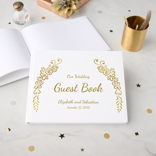 Livre D'or Élégant Mariage photo White and Gold Flourish (Recto ouvert)