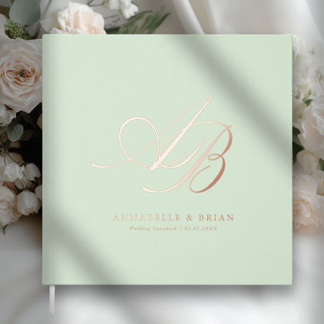 Livre D'or Élégant, Monogramme, Mariage (Pale Pistachio, Monogram, Scripted Font, Foil Wedding Guest Book. )