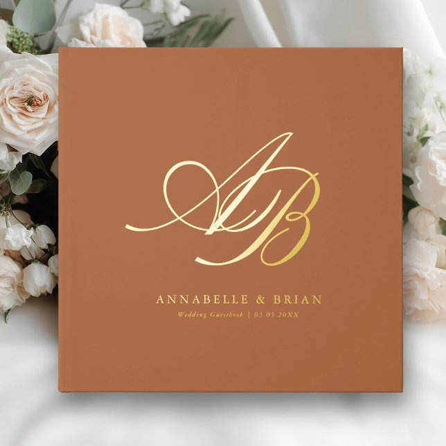 Livre D'or Élégant, Monogramme, Mariage (Brown-Orange, Custom, Monogram, Scripted Font, Foil Wedding Guest Book. )