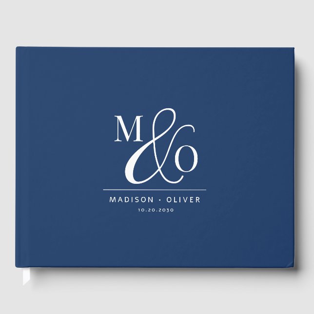 Livre D'or Élégant Monogramme moderne Mariage bleu marine (Recto)
