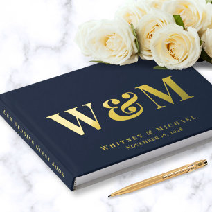 Livre D'or Élégant Monogramme Photo Mariage Bleu Nuit