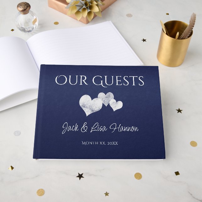 Livre D'or Elegant Navy With Hearts Guest Book (Recto ouvert)