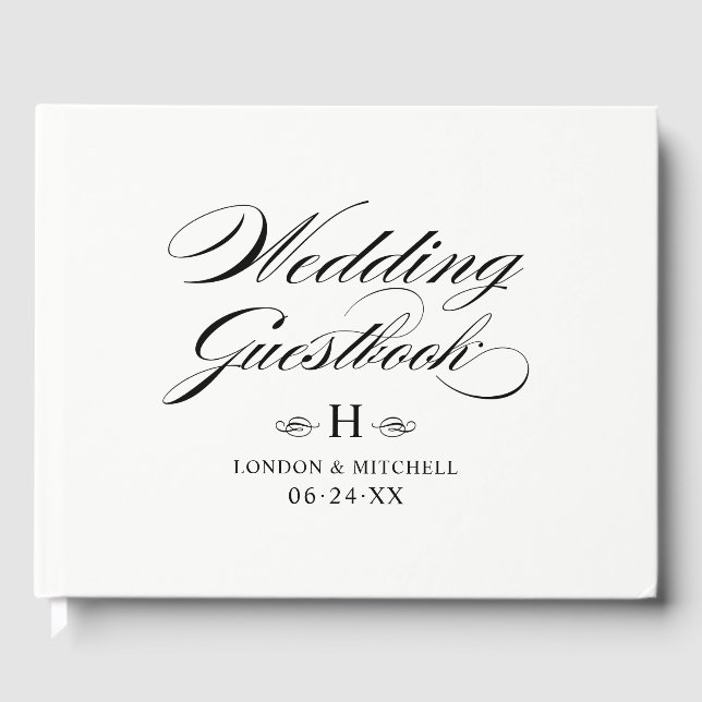 Livre D'or Élégant noir blanc calligraphie Mariage Monogramme (Recto)