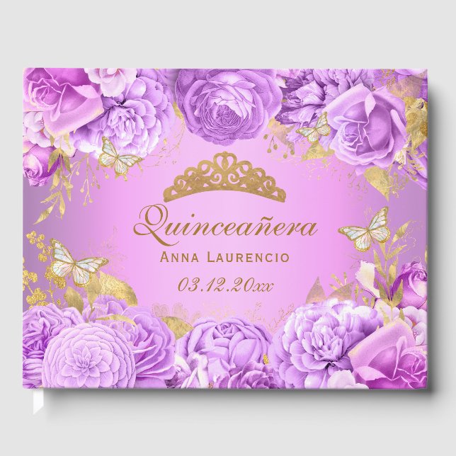 Livre D'or Élégant Papillon Floral Violet Thème Quinceanera (Recto)