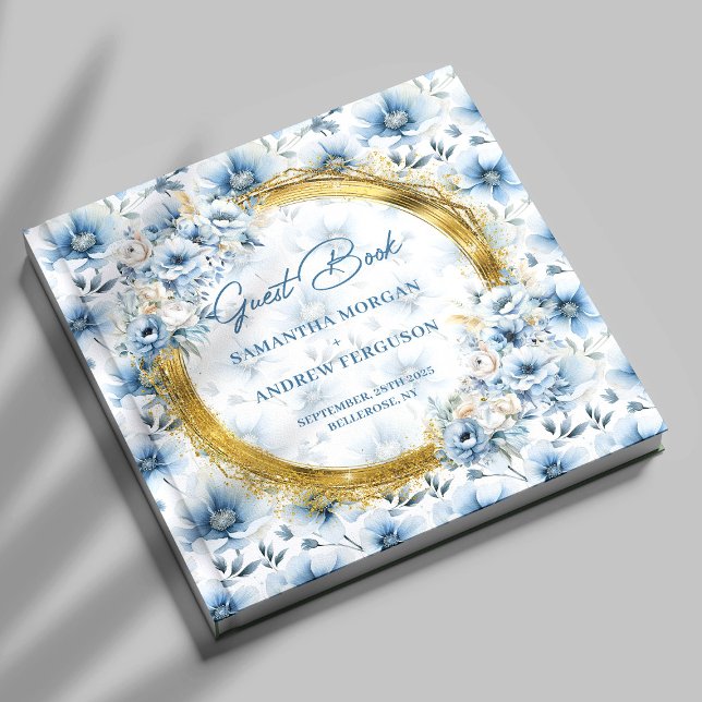 Livre D'or Élégant Pastel Blue Flowers Gold Parties scintilla (Elegant Pastel Blue Flowers Gold Glitter Wedding Guest Book)