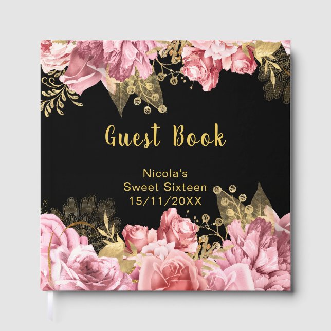 Livre D'or Elegant Pink and Gold Flowers Sweet Sixteen (Recto)