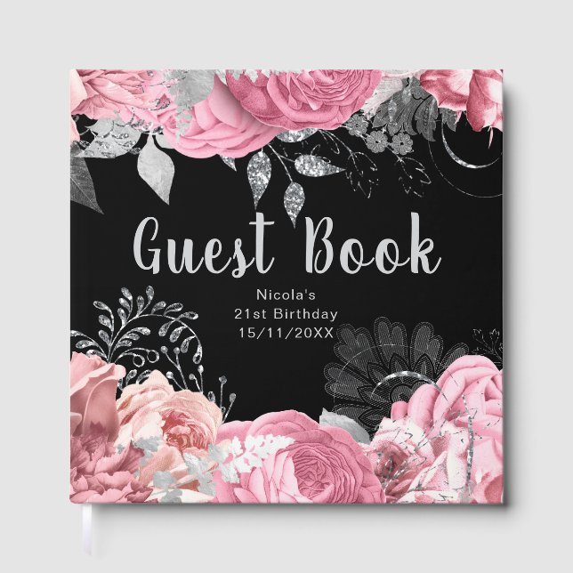 Livre D'or Elegant Pink and Silver Flowers Birthday Party (Recto)