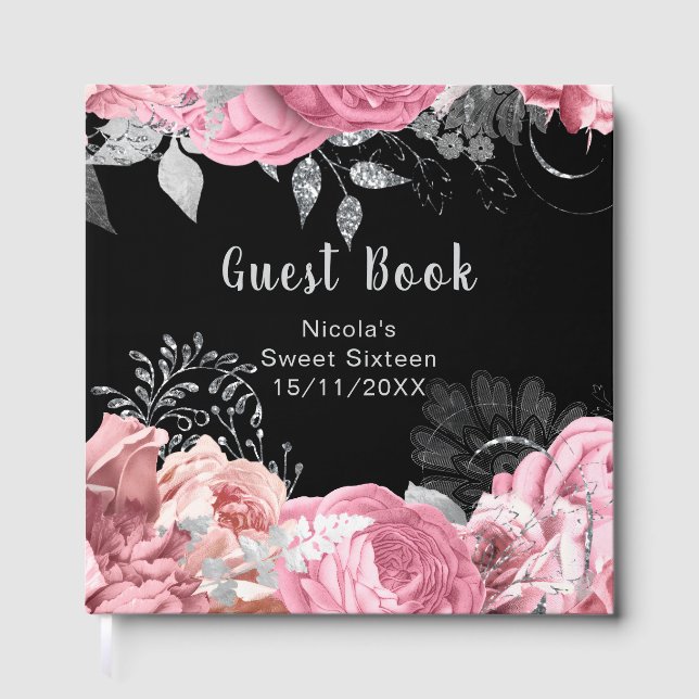 Livre D'or Elegant Pink and Silver Flowers Sweet Sixteen (Recto)