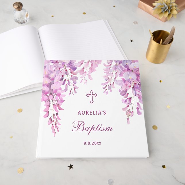 Livre D'or Elegant Pink Wisteria Baptism Guest Book (Recto ouvert)