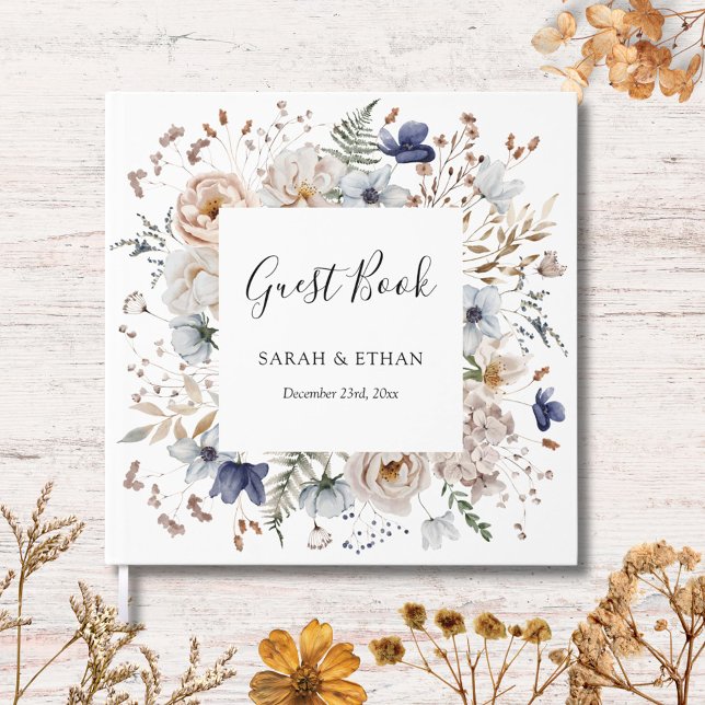 Livre D'or Elegant Pretty Beige Blue Flowers Floral Wedding (In situ)