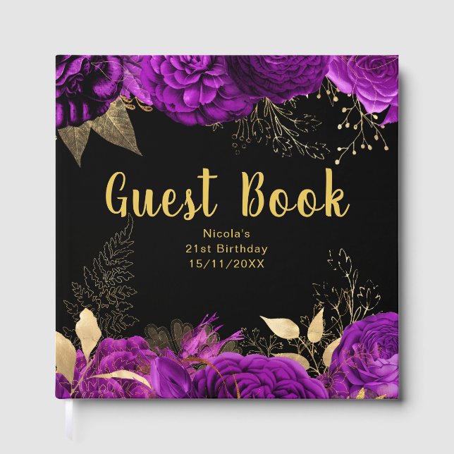 Livre D'or Elegant Purple and Gold Flowers Birthday Party (Recto)