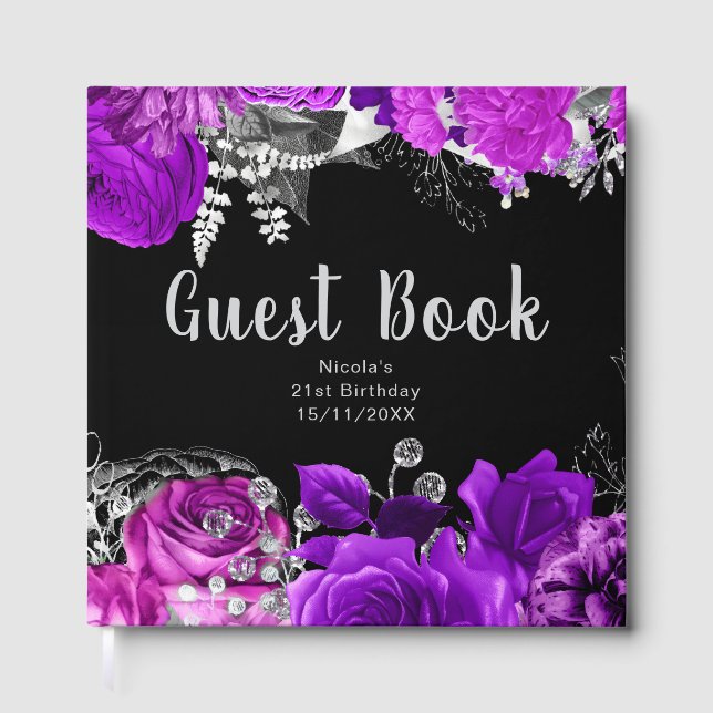 Livre D'or Elegant Purple and Silver Flowers Birthday Party (Recto)