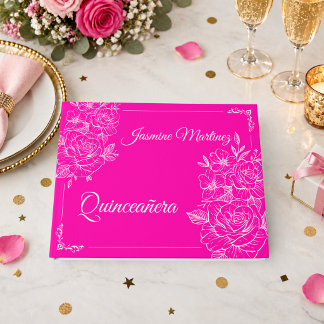 Livre D'or Élégant Quinceañera Fuchsia Rose et Blanc Floral