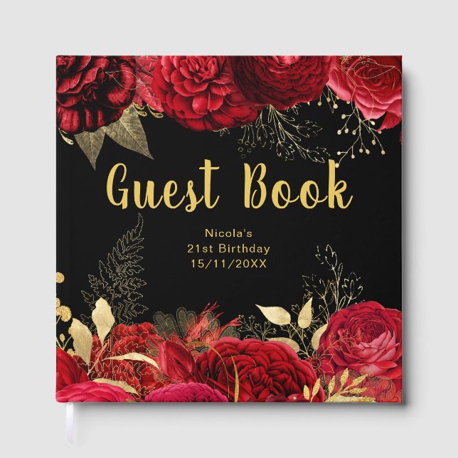 Livre D'or Elegant Red and Gold Flowers Birthday Party (Recto)