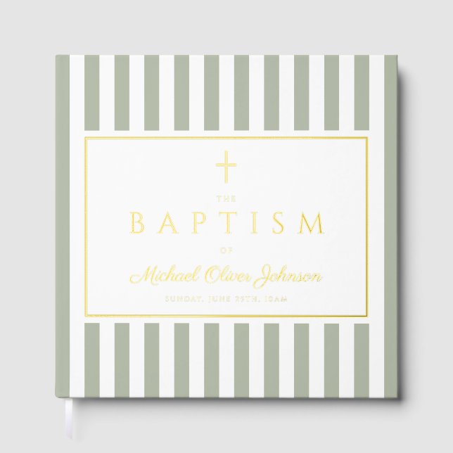 Livre D'or Elegant Religious Sage Green Stripes Baptism (Recto)