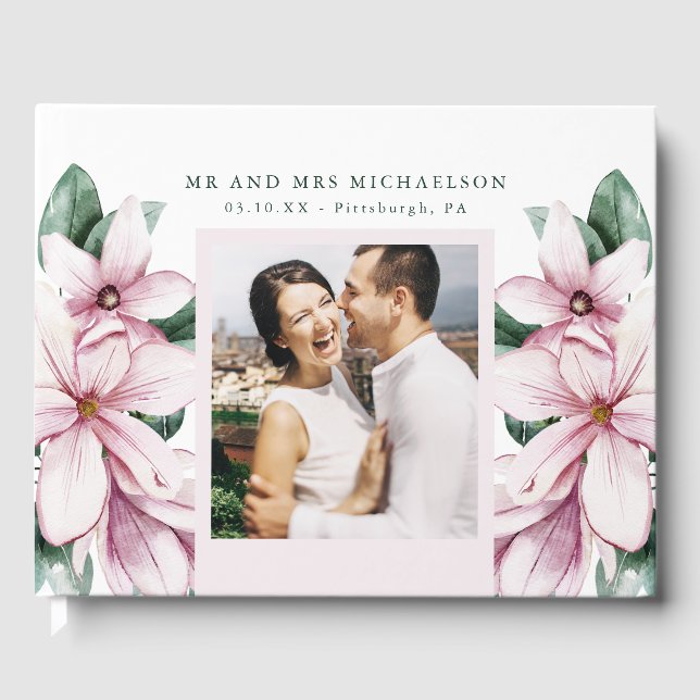 Livre D'or Elégant rose Aquarelle Floral Mariage photo (Recto)