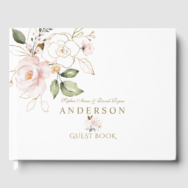 Livre D'or Élégant rose Blush Gold Flowers Monogramme Mariage (Recto)