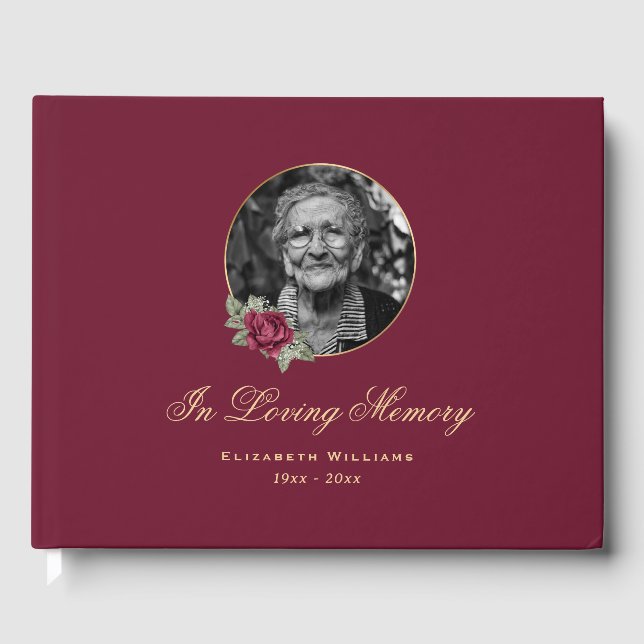 Livre D'or Elégant Rose Bourgogne Gold Floral Funeral Photo (Recto)