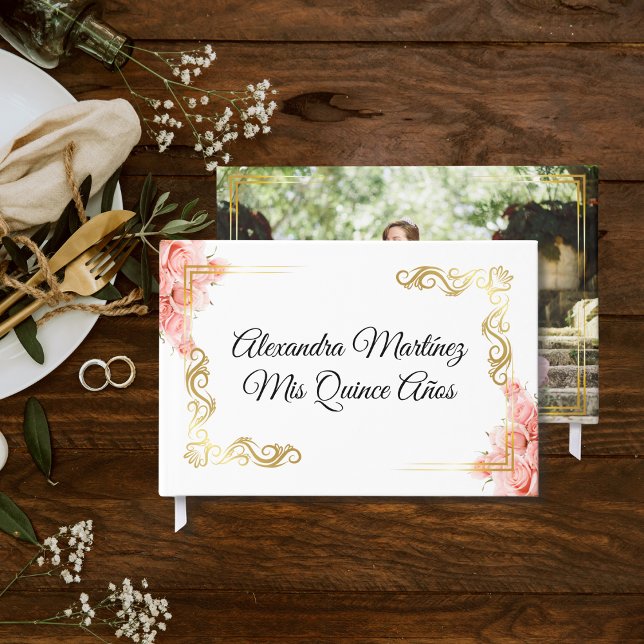 Livre D'or Elégant Rose Floral White Gold Frame Quinceañera (Créateur téléchargé)