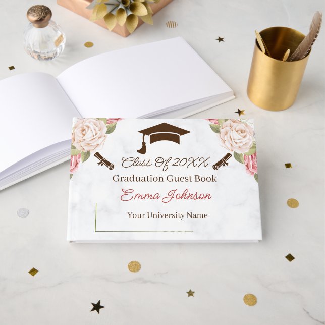 Livre D'or Elégant Rose Flowers Graduation personnalisable (Recto ouvert)