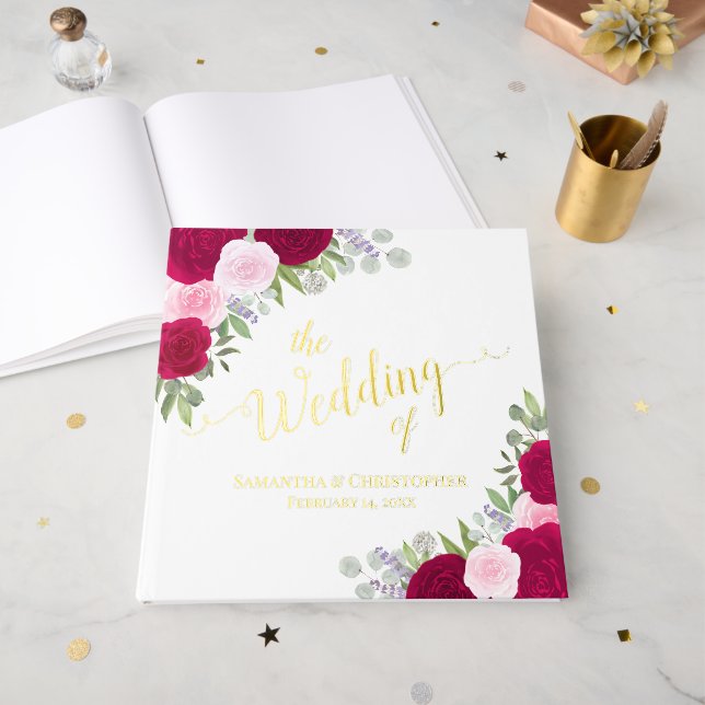 Livre D'or Élégant Rose Mariage à huile Magenta & Pink Boho (Recto ouvert)