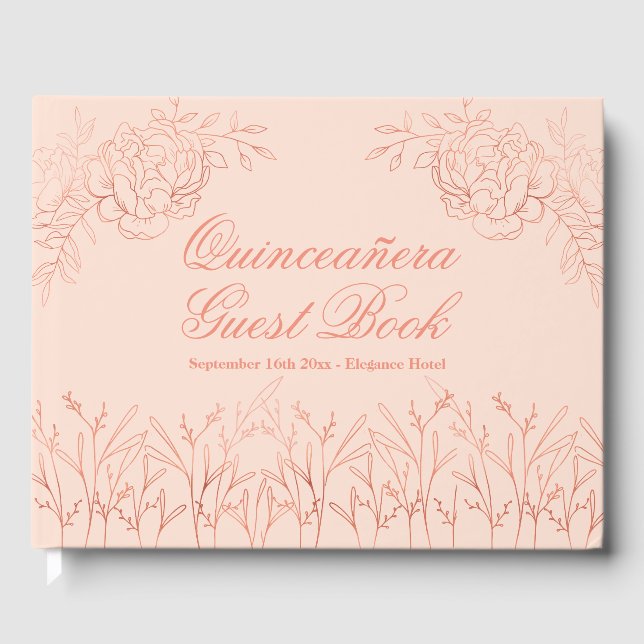 Livre D'or Elégant Rose Rose Gold Outline Floral Quinceanera (Recto)