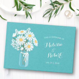 Livre D'or Elégant Rustic Mason Jar Daisies Mariage Turquoise
