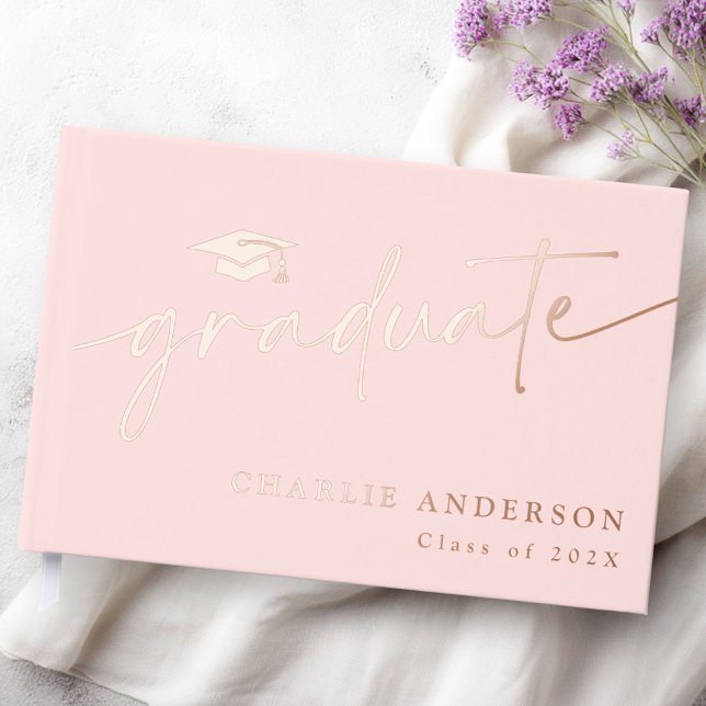 Livre D'or Élégant script de graduation casquette diplômé ros (Elegant graduation script graduate cap light pink foil guest book)