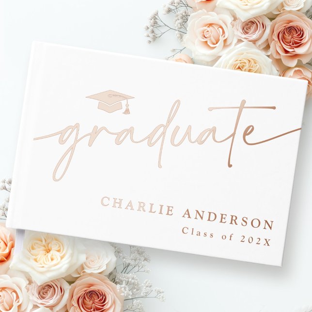 Livre D'or Élégant script de graduation diplômé casquette nom (Elegant graduation script graduate cap name white foil guest book)