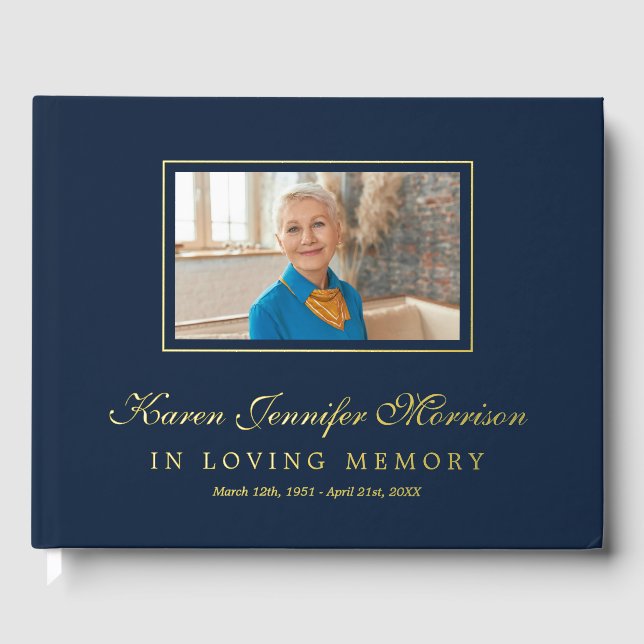 Livre D'or Elegant Script Navy Blue Photo In Loving Memory (Recto)