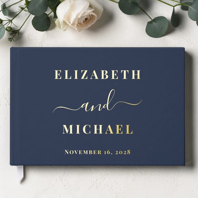 Livre D'or Élégant Script Photo Bleu Nuit Mariage (Elegant Script Photo Navy Blue Wedding Foil Guest Book)