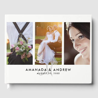 Livre D'or Élégant Simple Moderne Monogramme 3 Photos Mariage