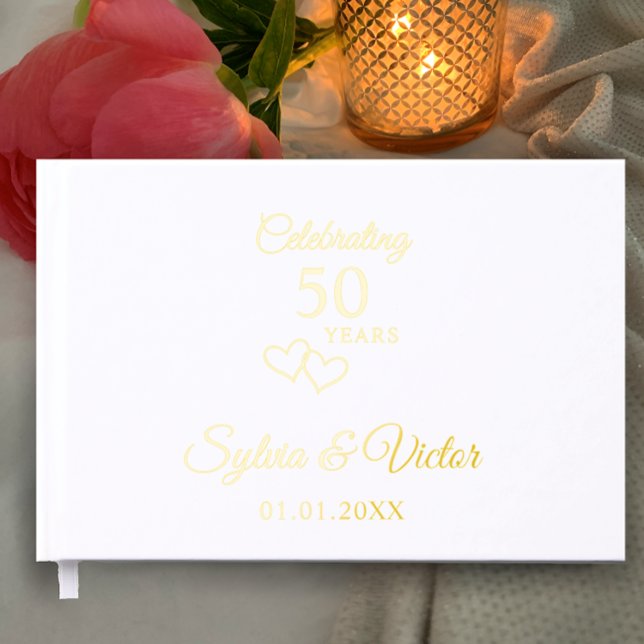 Livre D'or Elégant Simple Personnalisé 50e Anniversaire de la (Add couple’s names for gold foil simple elegant custom guest book for 50th wedding anniversary party)