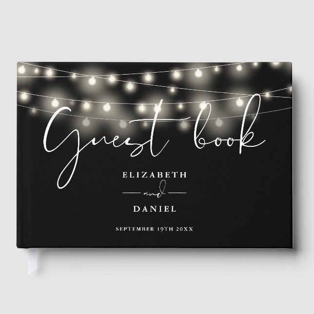 Livre D'or Elegant String Lights Black And White Wedding (Recto)
